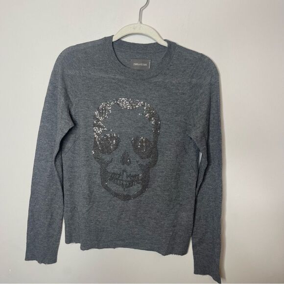 Zadig & Voltaire miss bus gray cashmere skull Strass sweater FLAWED size XS - Picture 6 of 11